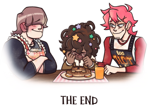 the ending illustration of prison of plastic, where molly is happily crying over a meal that giovanni made for her while giovanni and crusher sit by her with fond expressions.